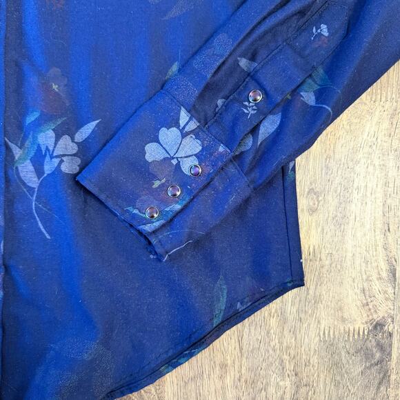 VTG Tem Tex Western Shirt Floral Pearl Snap White Piping Blue 70s Women’s Medium - Picture 7 of 10